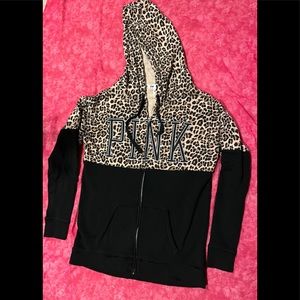 PINK Victoria’s Secret black and leopard print full zip hoodie size XS